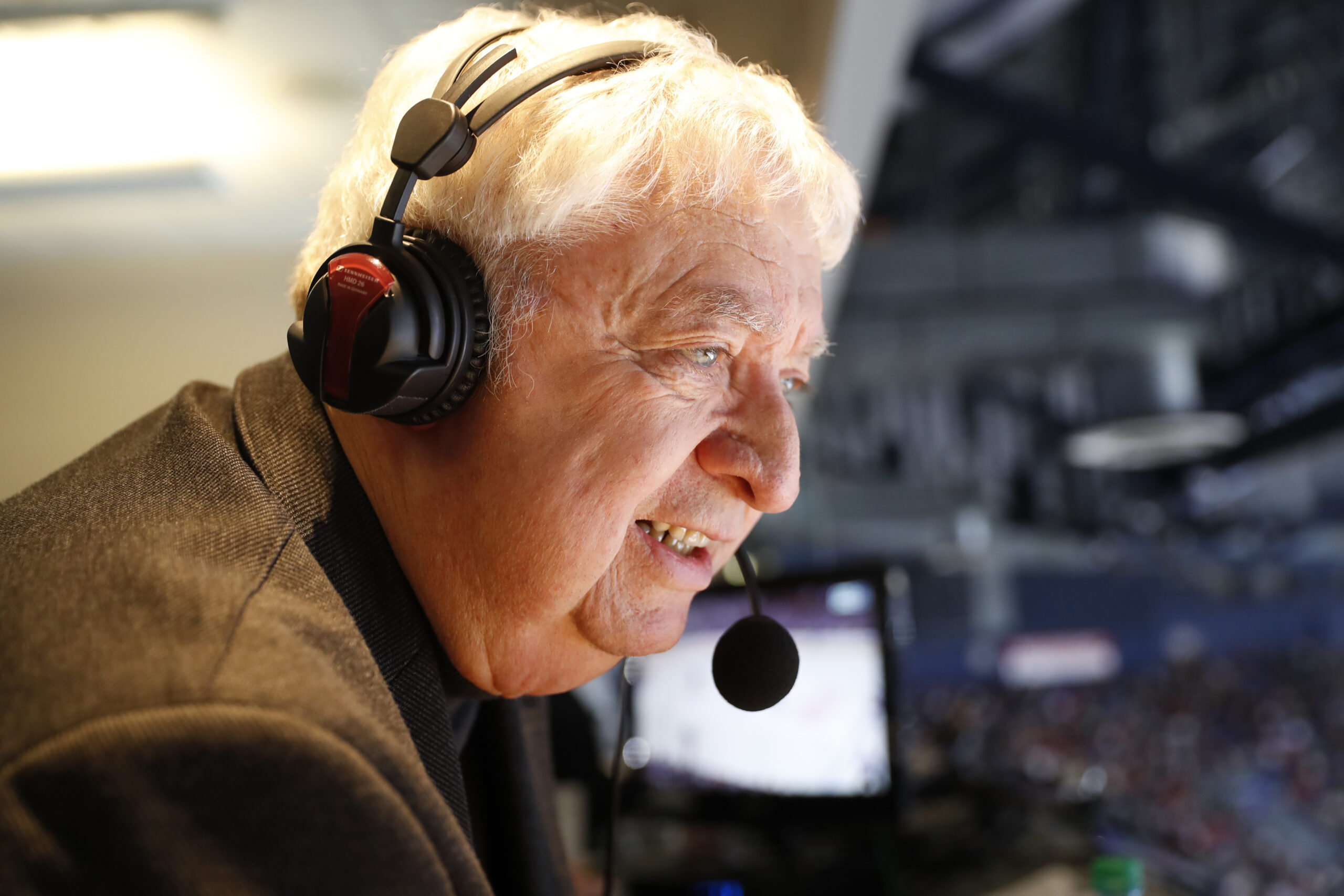 Buffalo Sabres announcer Rick Jeanneret calls the first period against the Montreal Canadiens at the KeyBank Center on Thursday,Oct. 13, 2016.(Harry Scull Jr./Buffalo News)